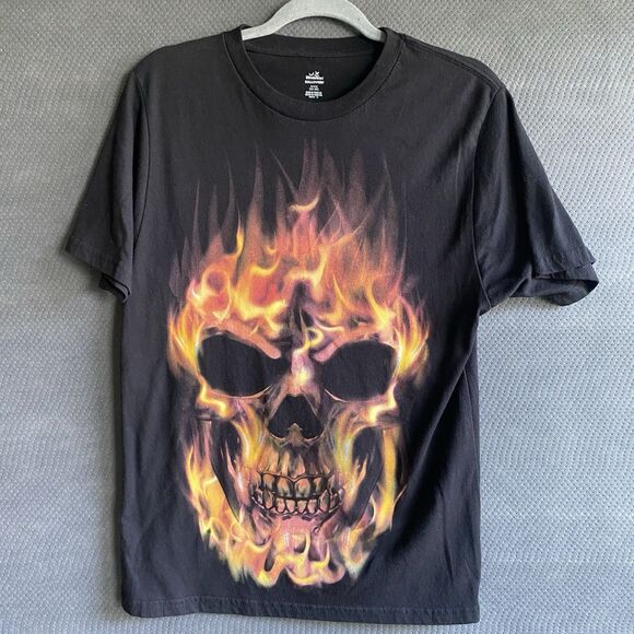 Flaming Skull Biker Tee Shirt Black Short Sleeve Small - Picture 1 of 4